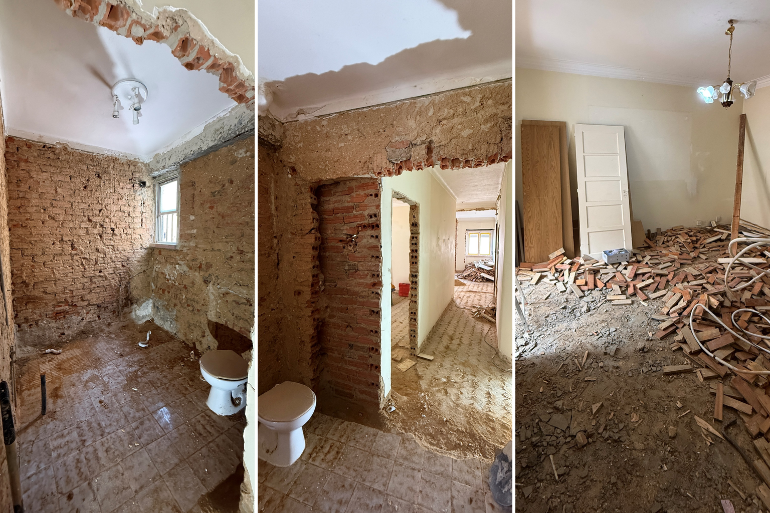 Colagem Antes com casa de banho sem revestimentos, vão em tijolo e quarto com entulho.