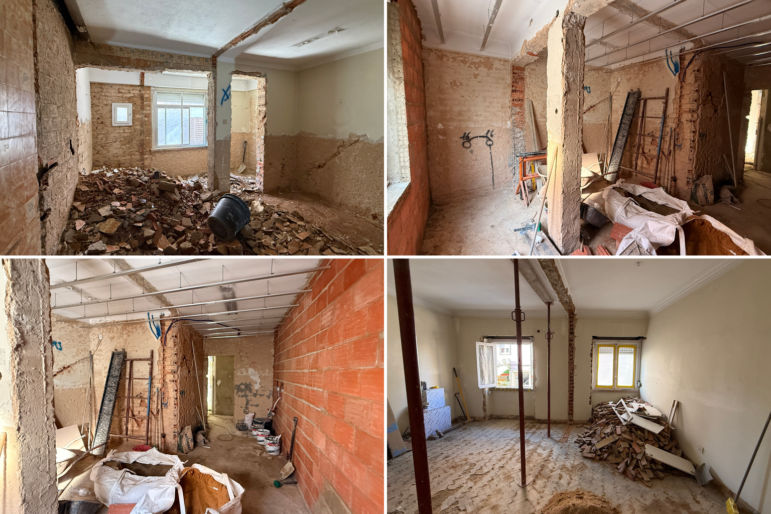 Colagem Antes com paredes demolidas, entulho, tijolo exposto e escoras nos interiores.
