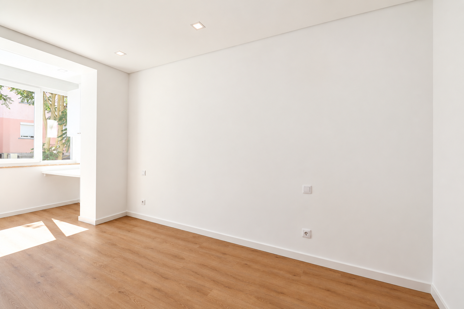 Quarto claro com pavimento em tom de madeira e abertura ampla para uma marquise envidraçada.