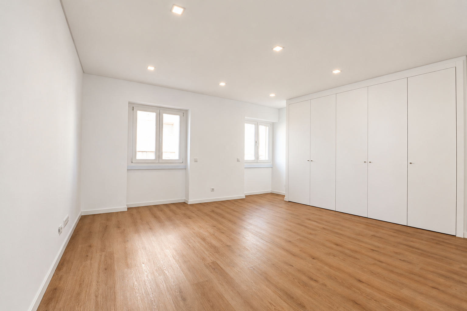 Sala ampla com duas janelas, armário branco de parede a parede e pavimento em tom de madeira.