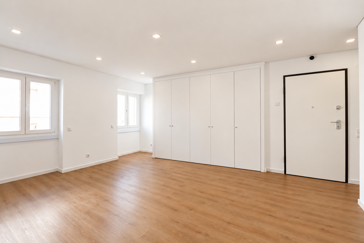 Sala com janelas, armário branco e porta de entrada com aro escuro.