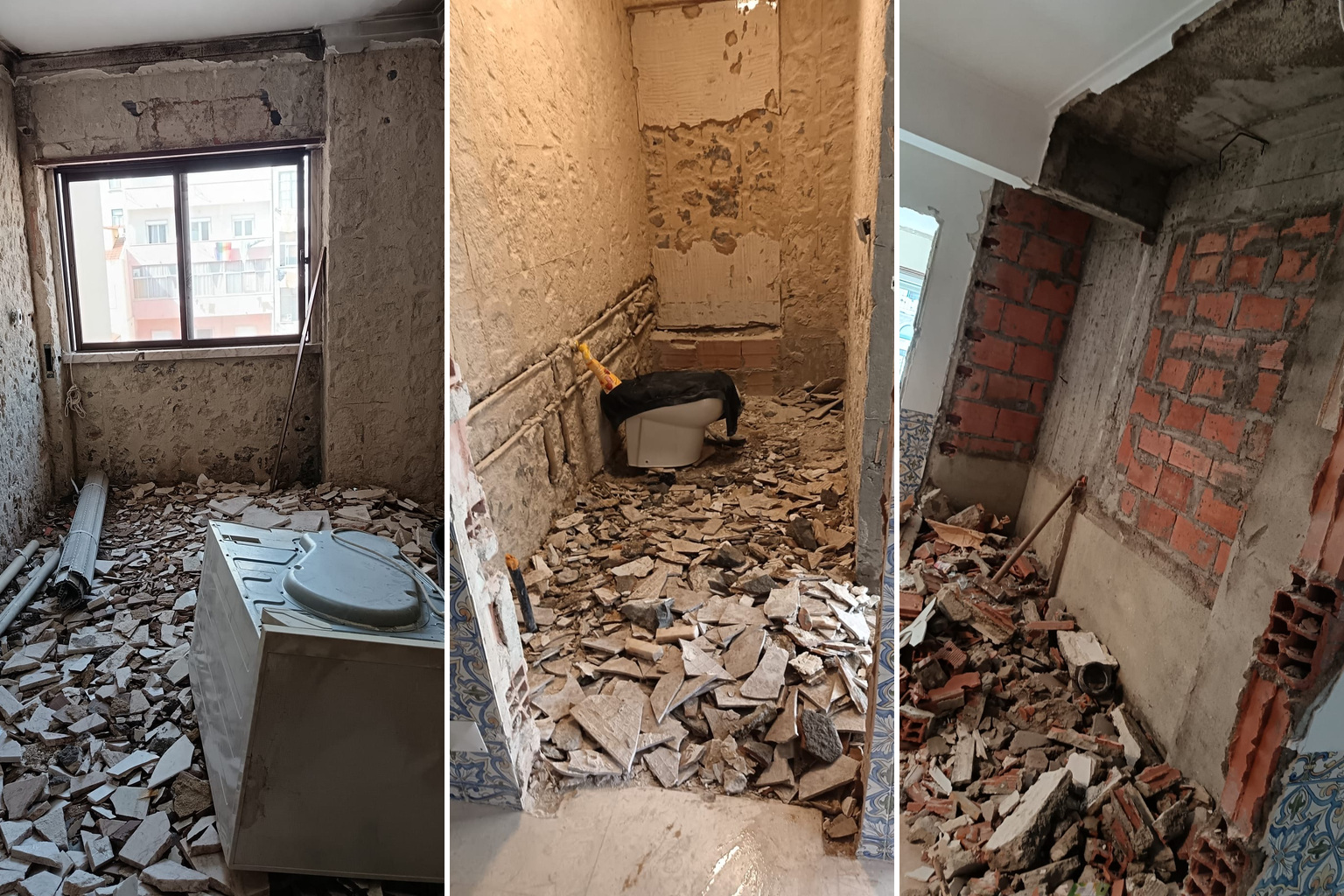 Colagem da cozinha, zona de sanitário e corredor com alvenaria à vista