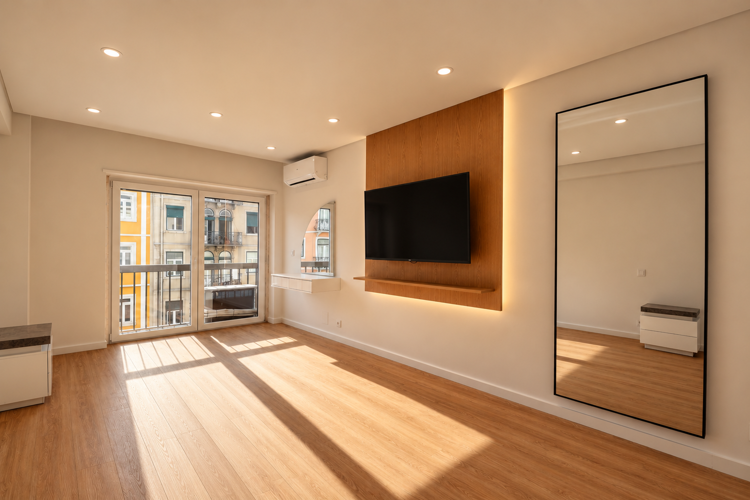 Quarto de casal do apartamento T3 em Arroios, com painel de madeira iluminado, espelho e acesso à varanda