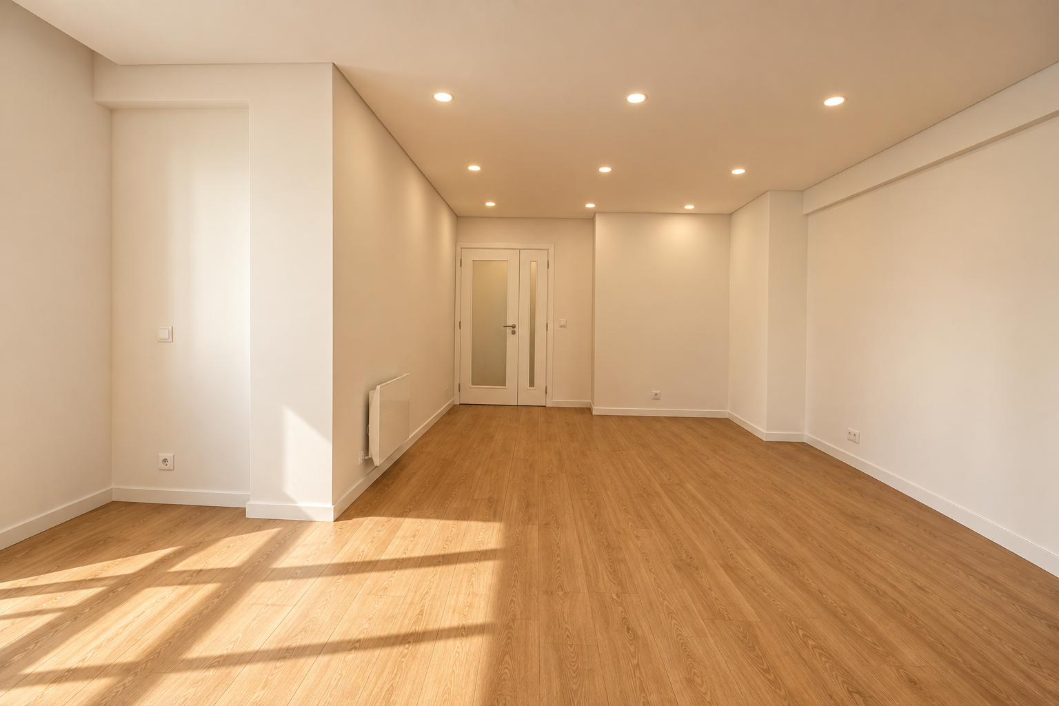 Sala renovada com teto falso iluminado e porta ao fundo