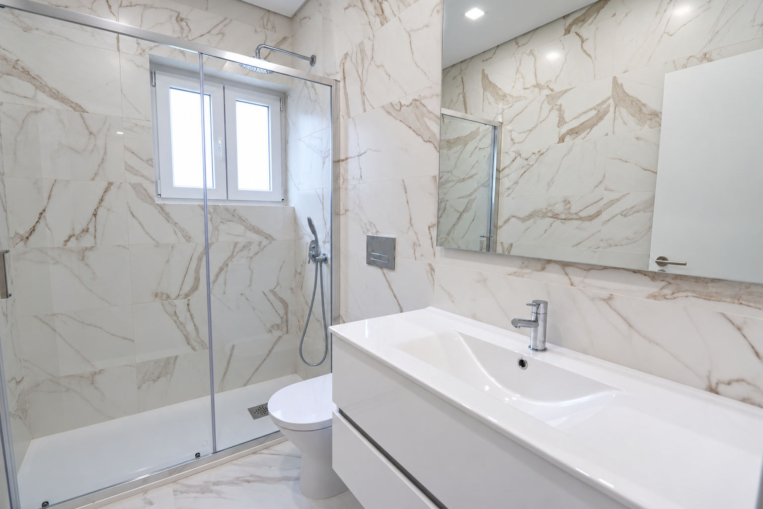 Shower with a glass screen and window, beside a white washbasin with a chrome tap and a mirror.