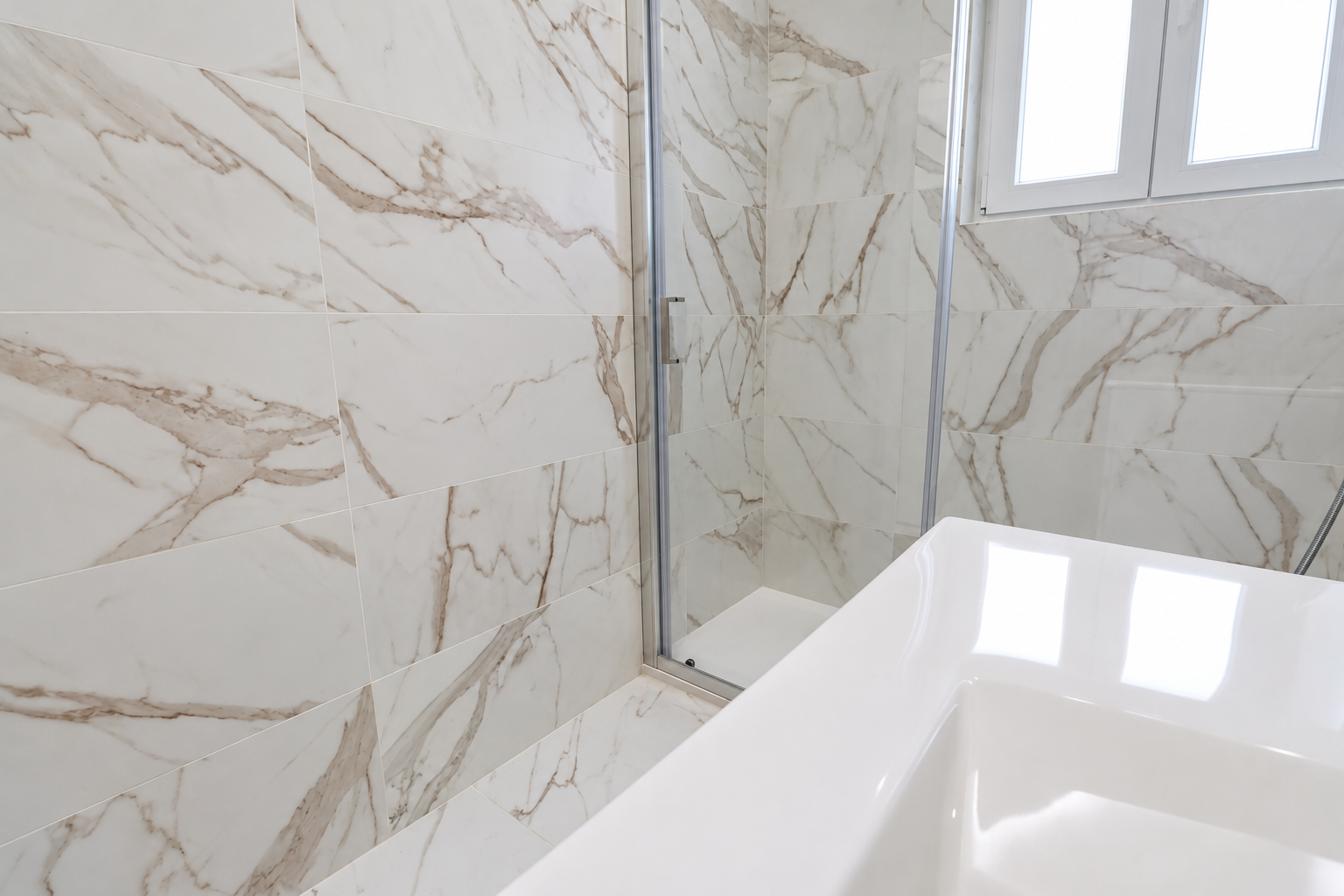 Detail of the white washbasin surface beside the shower screen and Calacatta-effect finishes.