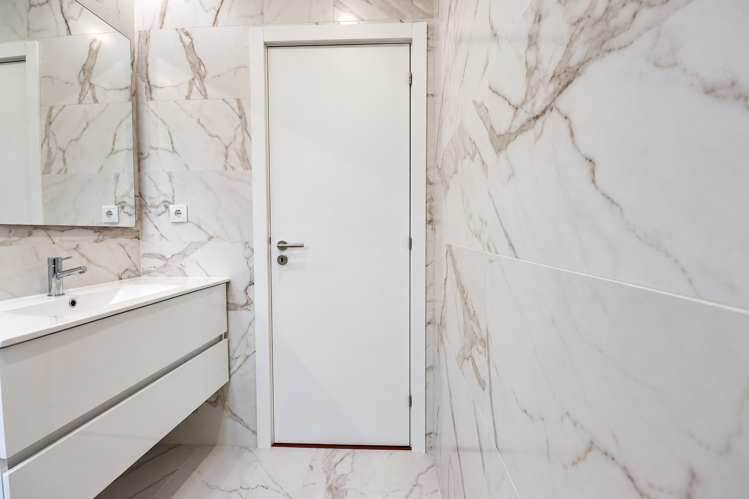 White wall-hung vanity, mirror and white door between Calacatta-effect walls.