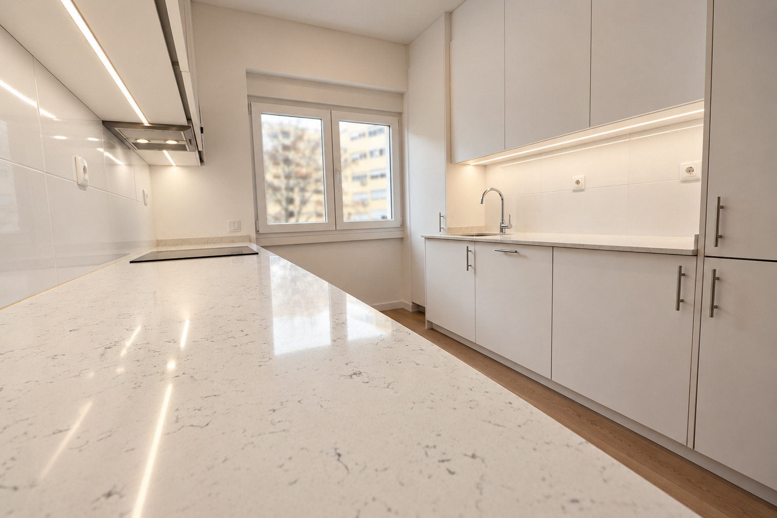 White kitchen with a hob on the left-hand worktop, a sink on the right and a window at the far end.