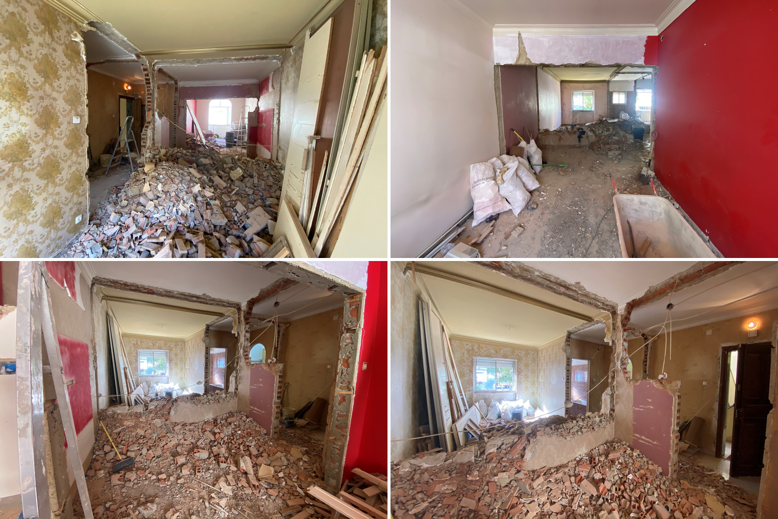 Collage of four demolition photographs, showing partially removed internal walls, exposed brickwork and rubble on the floor.