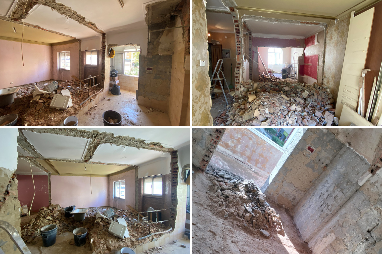 Collage of four construction photographs, showing demolished partitions, a bathtub among rubble and exposed masonry beside a window.