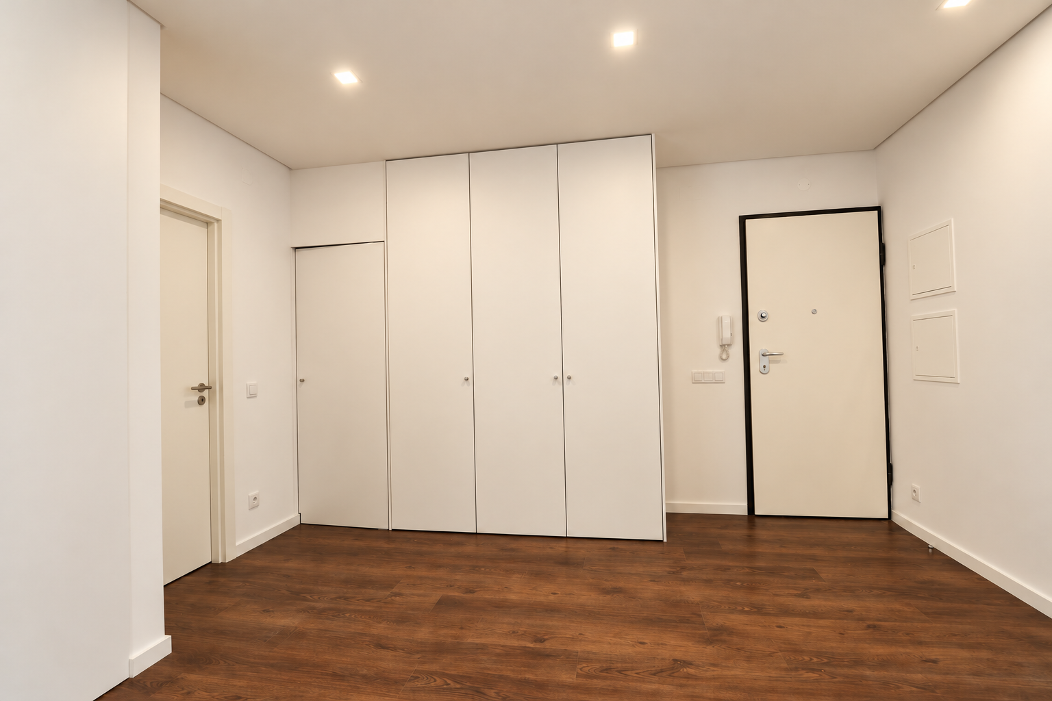 Full-height white cupboards beside the entrance door, with an intercom, ceiling spotlights and wood-effect flooring.
