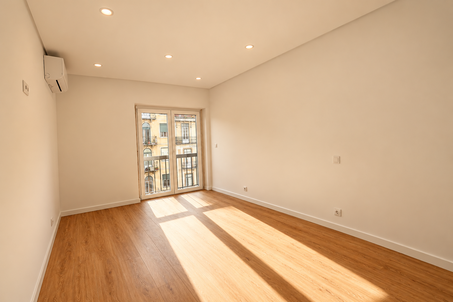 Bedroom with light walls, wood-effect vinyl flooring and balcony doors