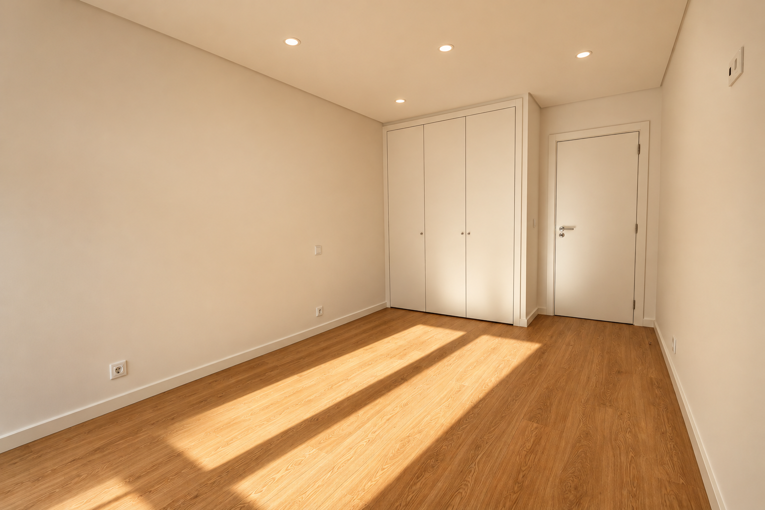 White wardrobe and internal door in a bedroom with wood-effect vinyl flooring