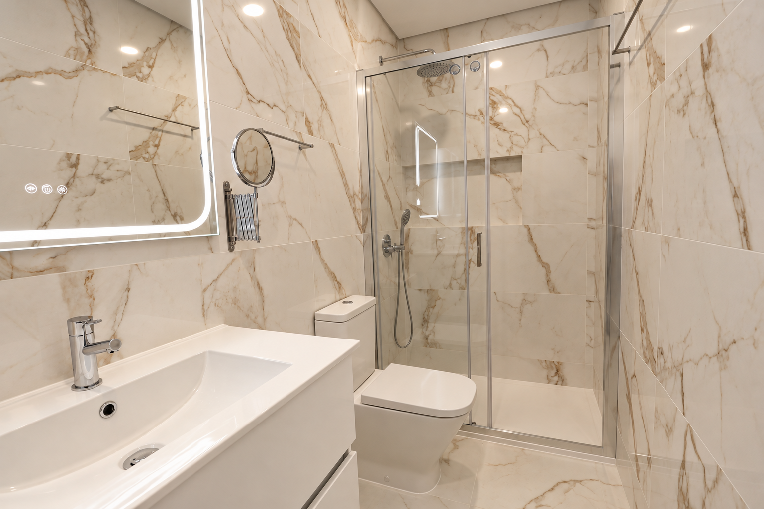White washbasin, toilet and shower with a clear glass screen