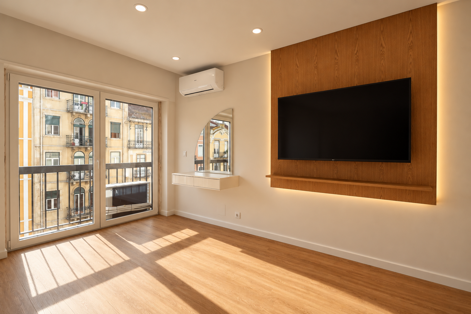 Television on an illuminated wood panel beside the balcony doors in the main bedroom