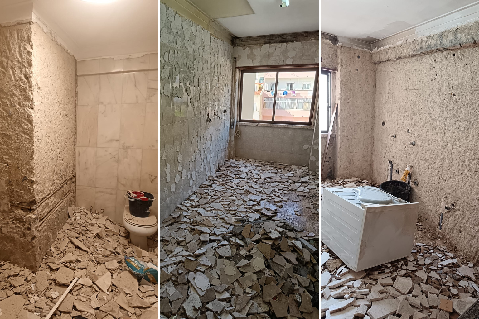 Collage of the kitchen and bathroom during the removal of wall finishes
