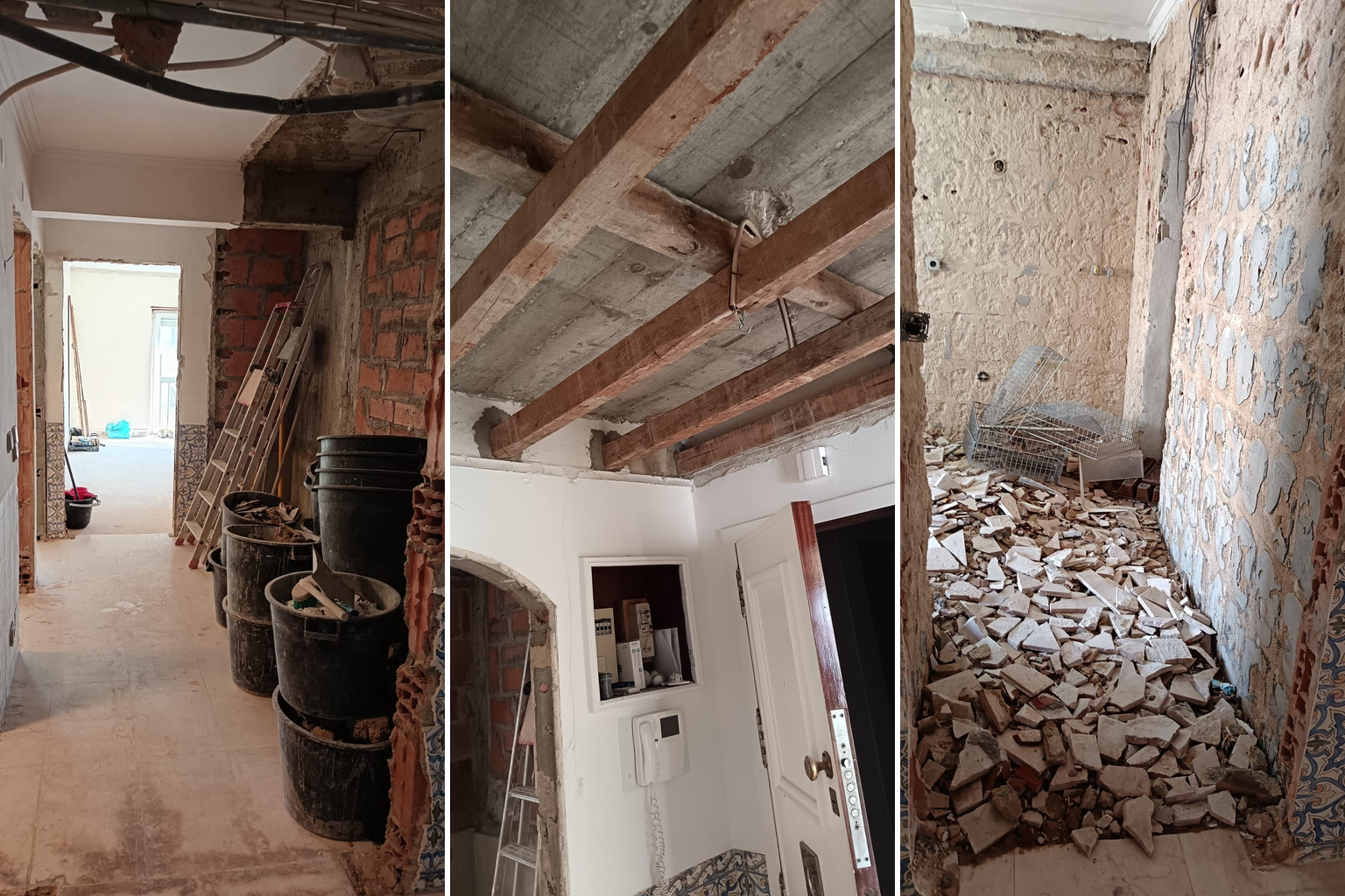 Collage of the hallway during the work, timber ceiling structure and stripped walls