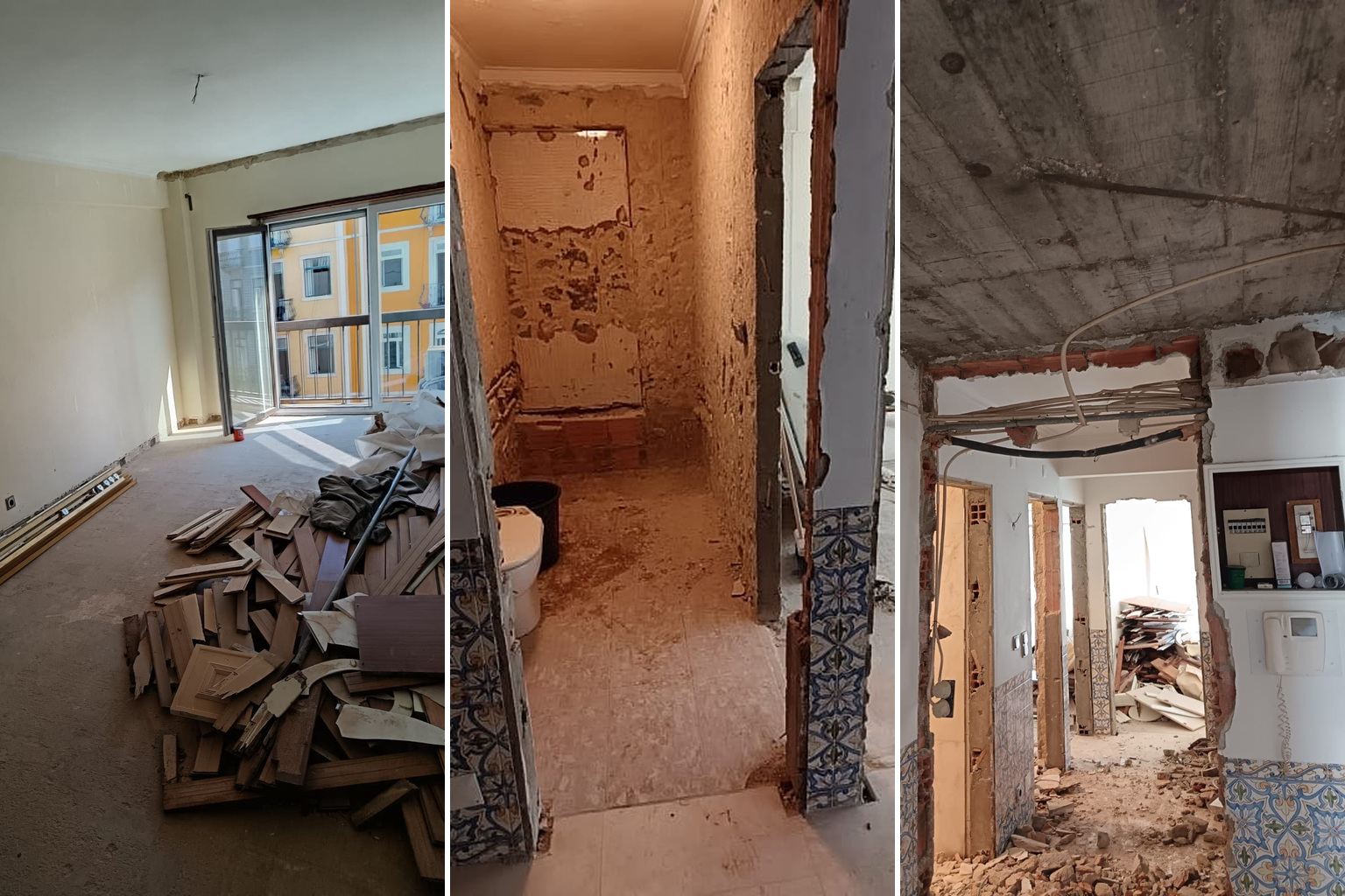 Collage of the living room with materials, stripped bathroom and open hallway ceiling