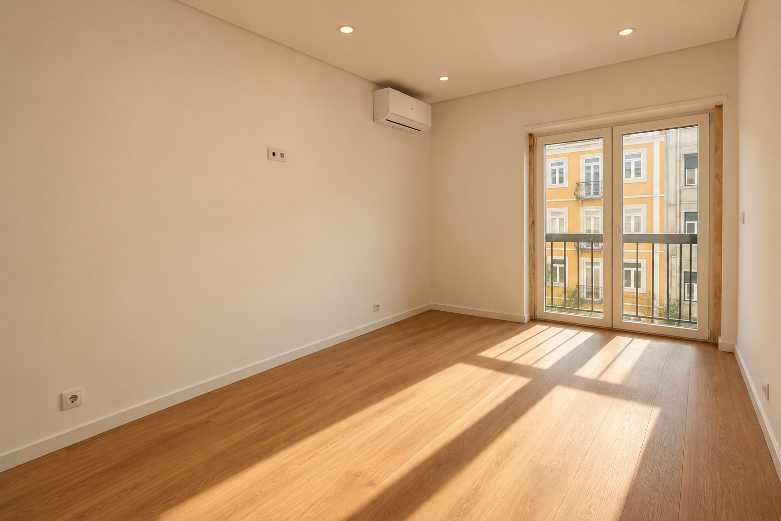 Bedroom with air conditioning and glazed doors opening onto the balcony