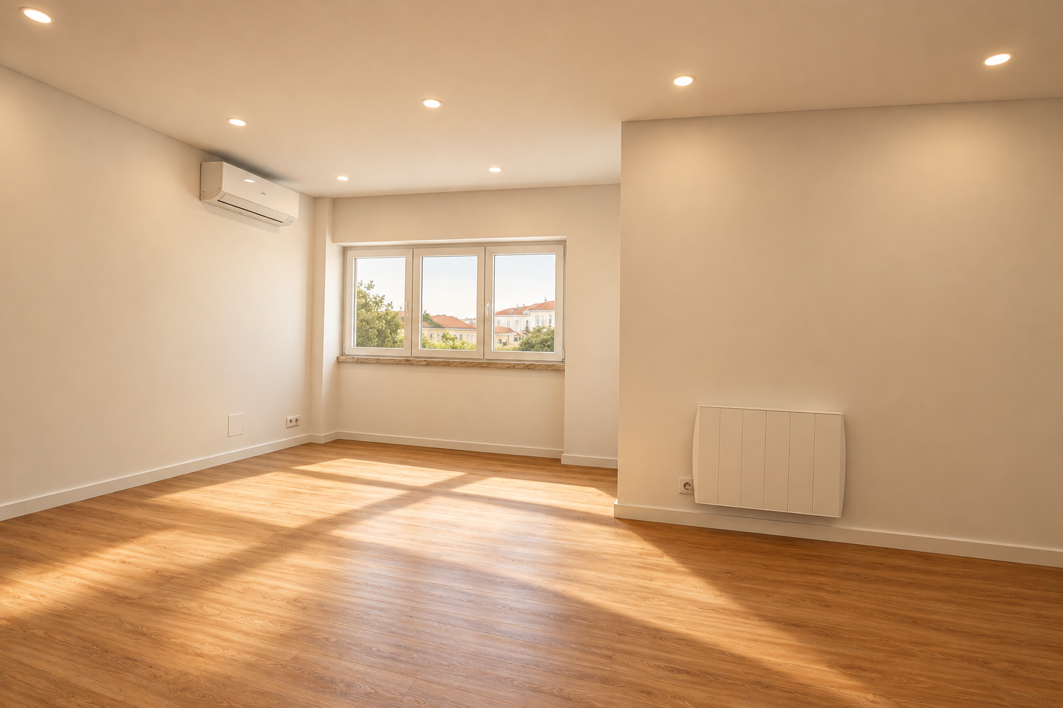Window, air-conditioning unit and light walls in the renovated living room